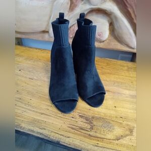 BP Black Faux Suede Knit Sock Top Peep Open Toe 3.75" Heel Ankle Boots